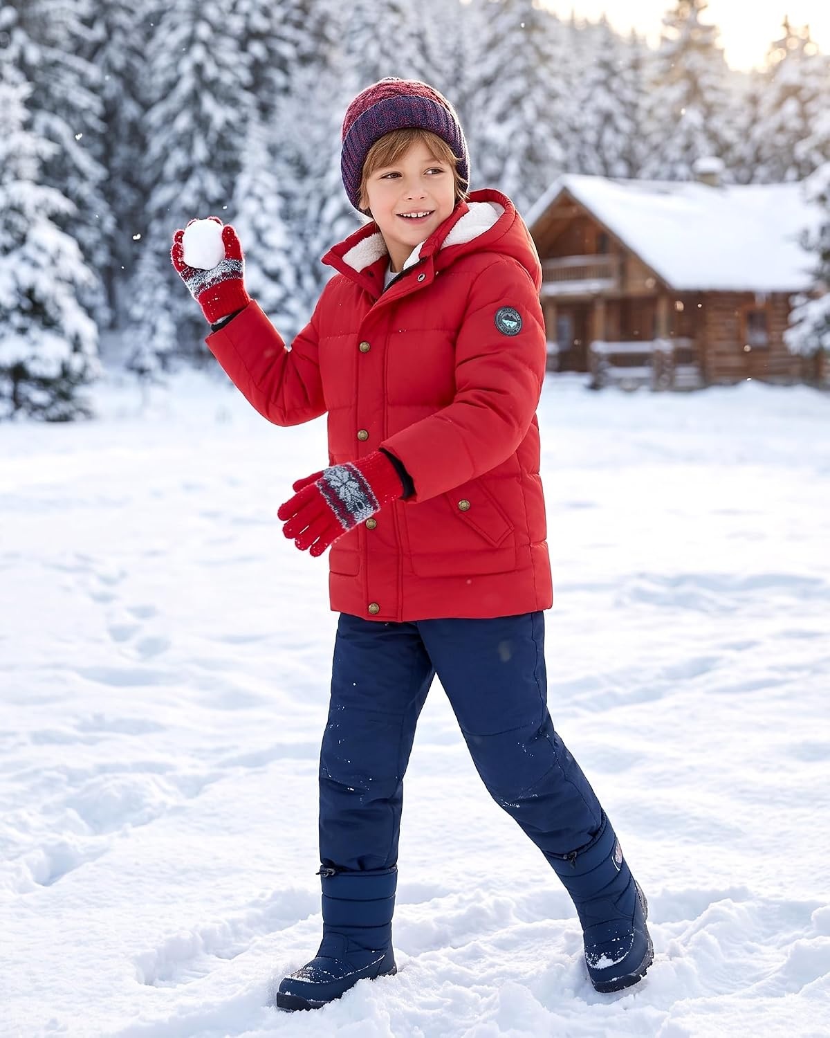 image:imageWULFUL Kids Boys Winter Coat Fleece Lined Waterproof Jacket Thick Hooded Puffer Cotton Parka Down Outdoor CoatsRed