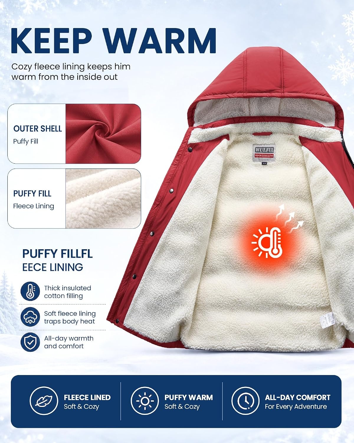 image:imageWULFUL Kids Boys Winter Coat Fleece Lined Waterproof Jacket Thick Hooded Puffer Cotton Parka Down Outdoor CoatsRed