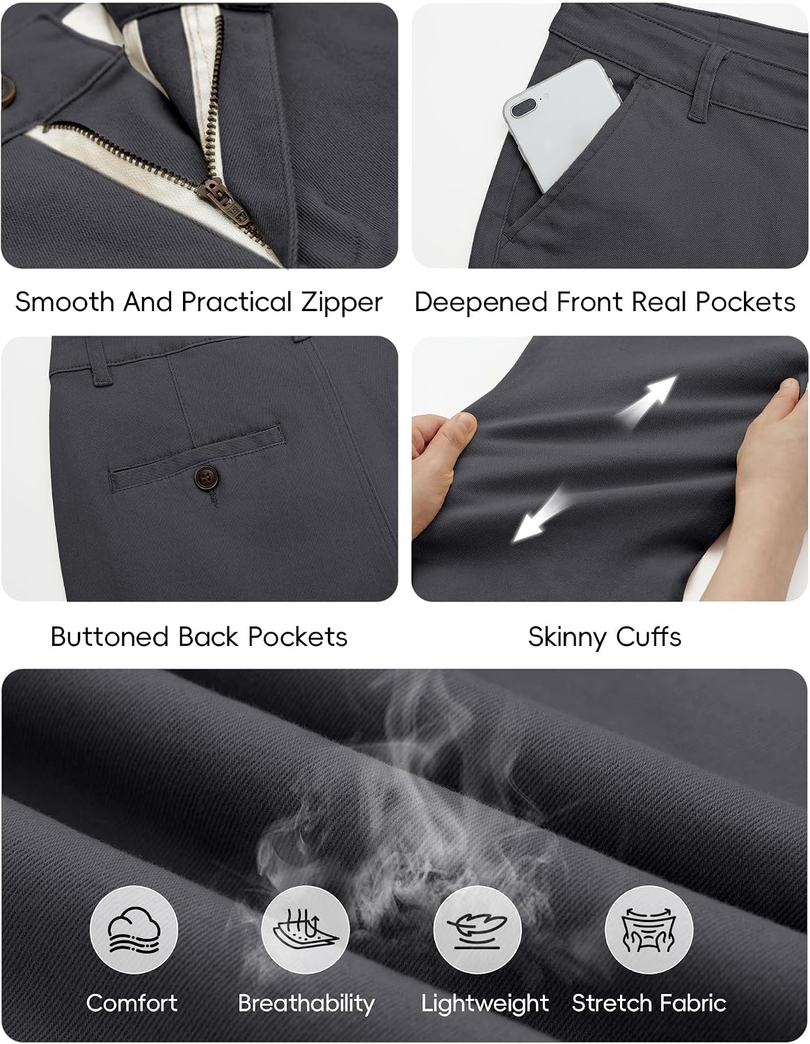 image:imageWULFUL Mens Dress Pants Slim Fit Skinny Stretch Flat Front Comfy Slacks TrousersDark Grey