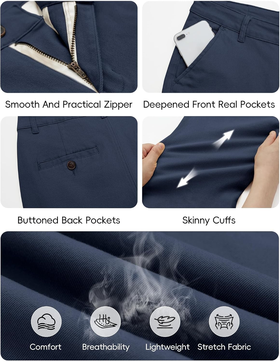 image:imageWULFUL Mens Dress Pants Slim Fit Skinny Stretch Flat Front Comfy Slacks TrousersNavy Blue