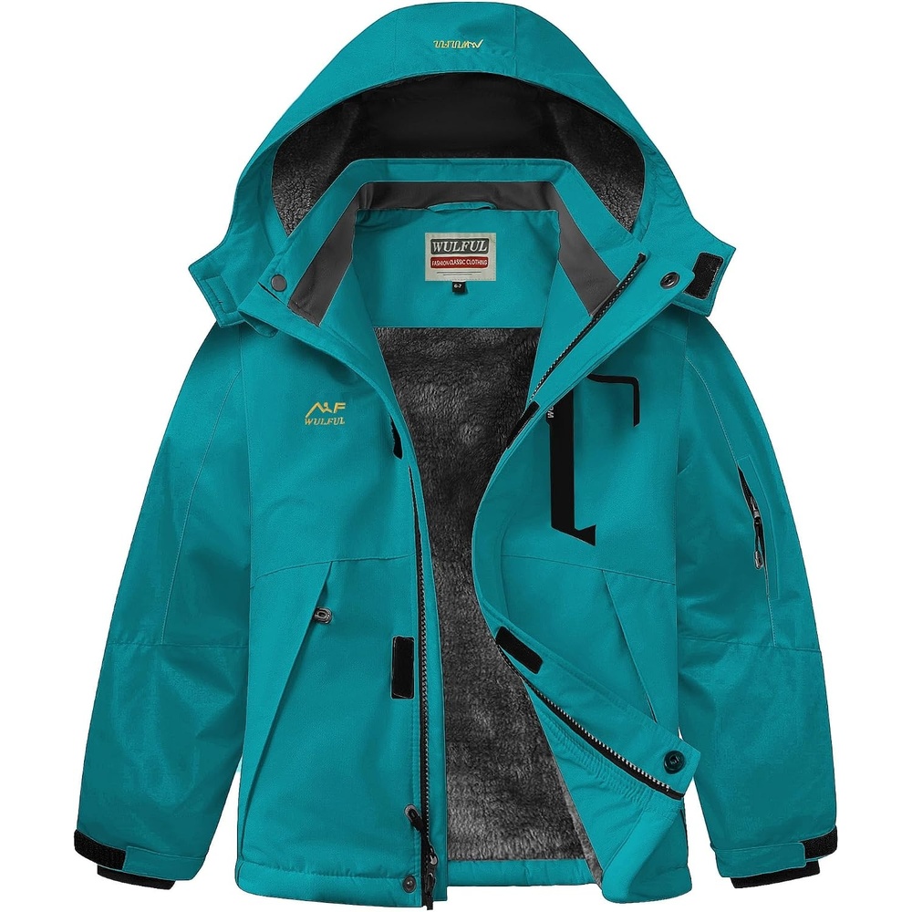 image:imageWULFUL Boys Winter Waterproof Ski Coat Kids Thick Fleece Snow Jacket Outdoor Windproof CoatAqua