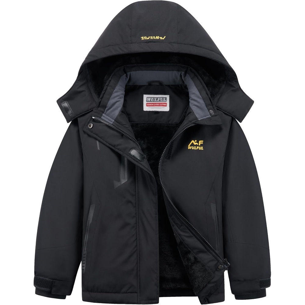 image:imageWULFUL Girls Waterproof Ski Jacket Winter Warm Fleece Lined Snow Coat with Removable HoodBlack