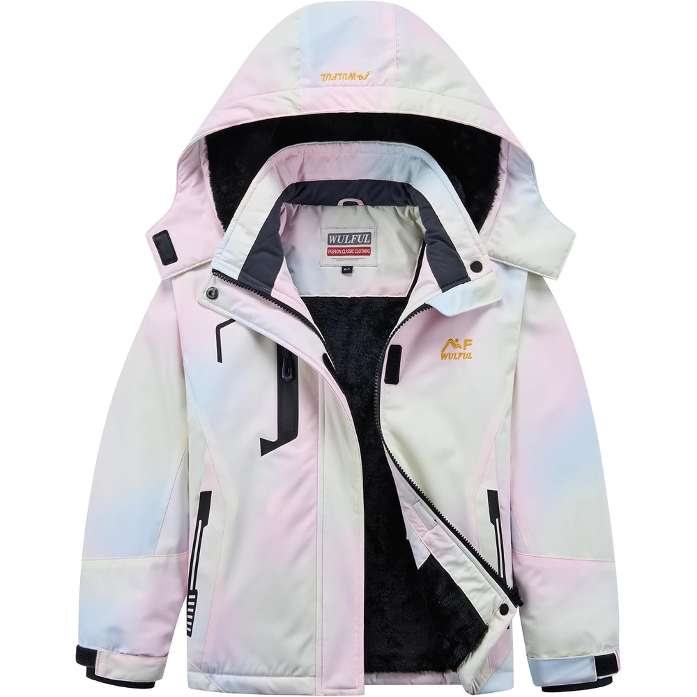 image:imageWULFUL Girls Waterproof Ski Jacket Winter Warm Fleece Lined Snow Coat with Removable HoodPastel Rainbow Tiedye