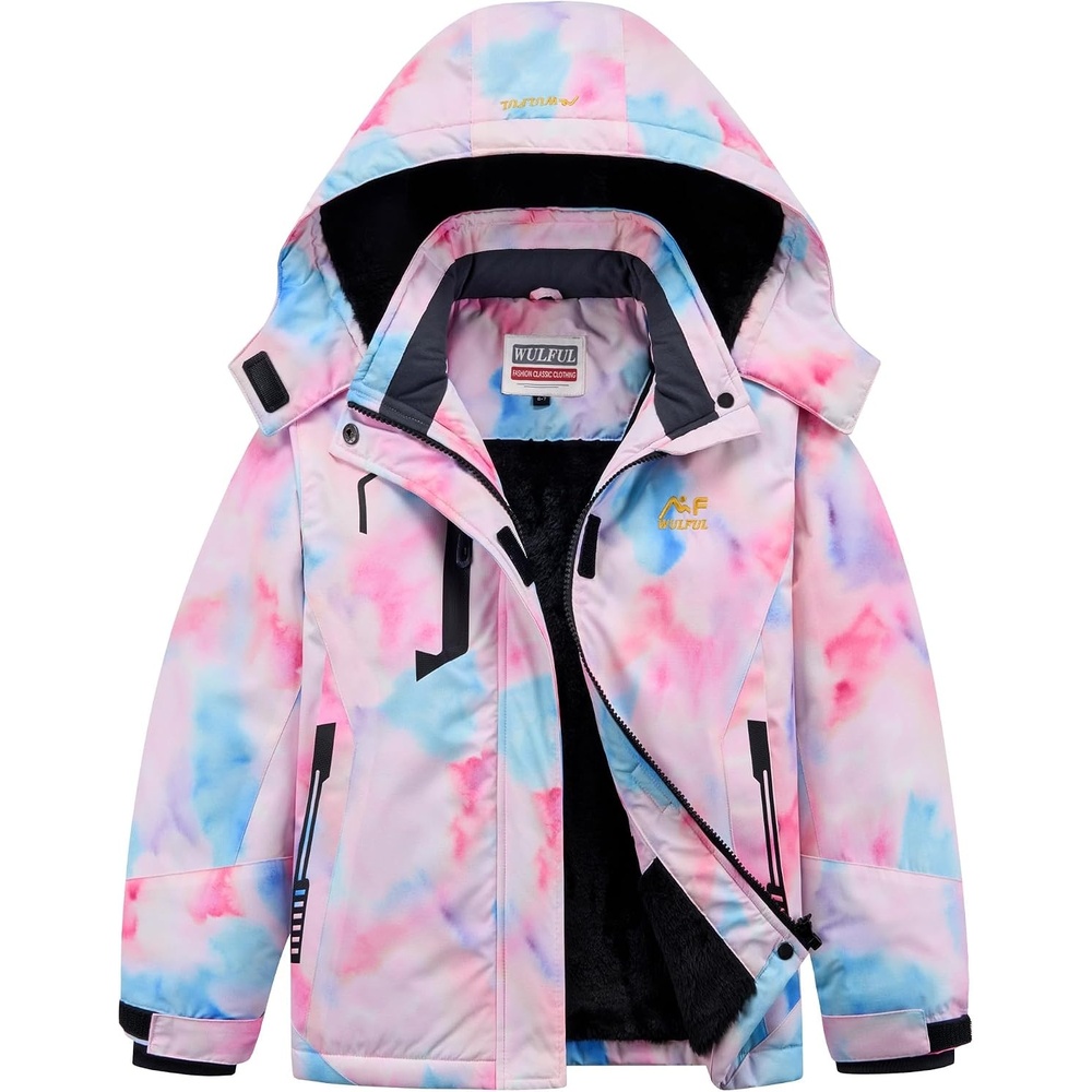 image:imageWULFUL Girls Waterproof Ski Jacket Winter Warm Fleece Lined Snow Coat with Removable HoodPastel Tiedye