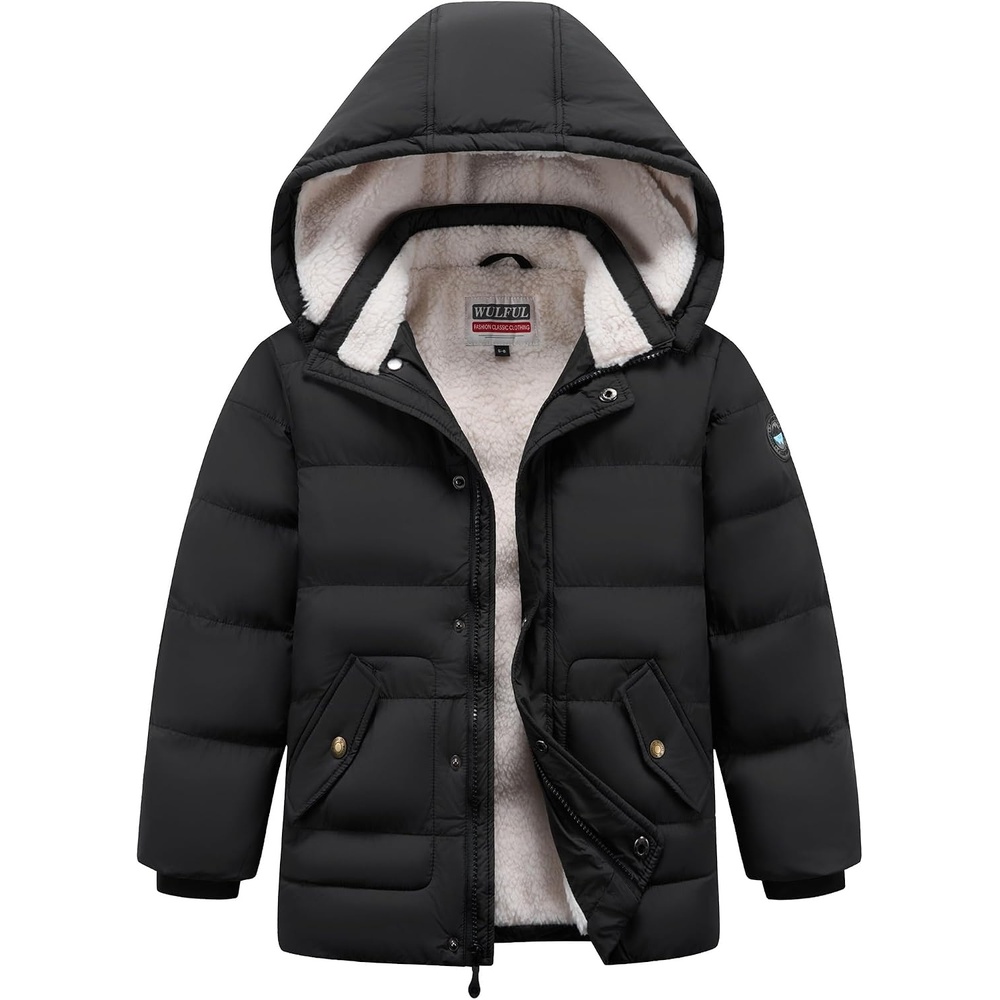 image:imageWULFUL Kids Boys Winter Coat Fleece Lined Waterproof Jacket Thick Hooded Puffer Cotton Parka Down Outdoor CoatsBlack