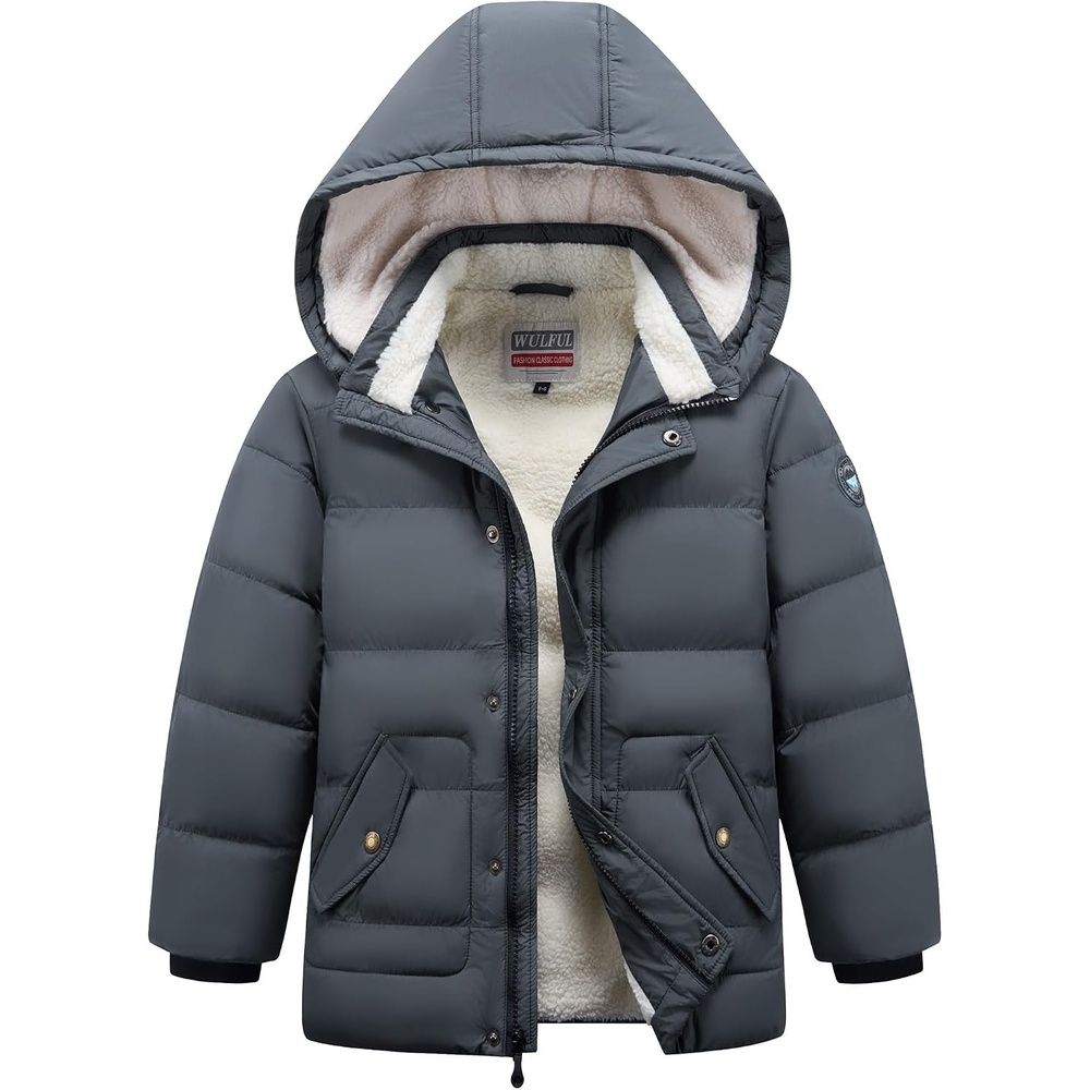 image:imageWULFUL Kids Boys Winter Coat Fleece Lined Waterproof Jacket Thick Hooded Puffer Cotton Parka Down Outdoor CoatsDark Grey