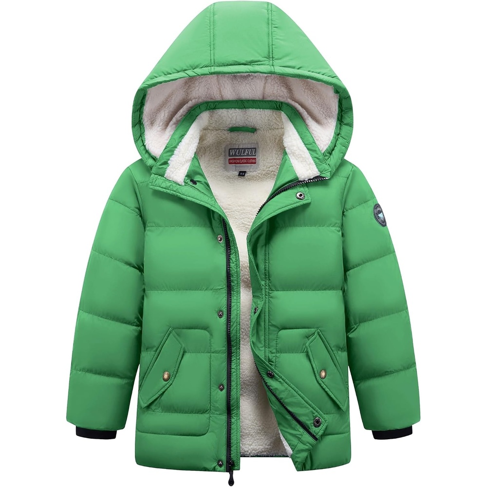 image:imageWULFUL Kids Boys Winter Coat Fleece Lined Waterproof Jacket Thick Hooded Puffer Cotton Parka Down Outdoor CoatsGreen