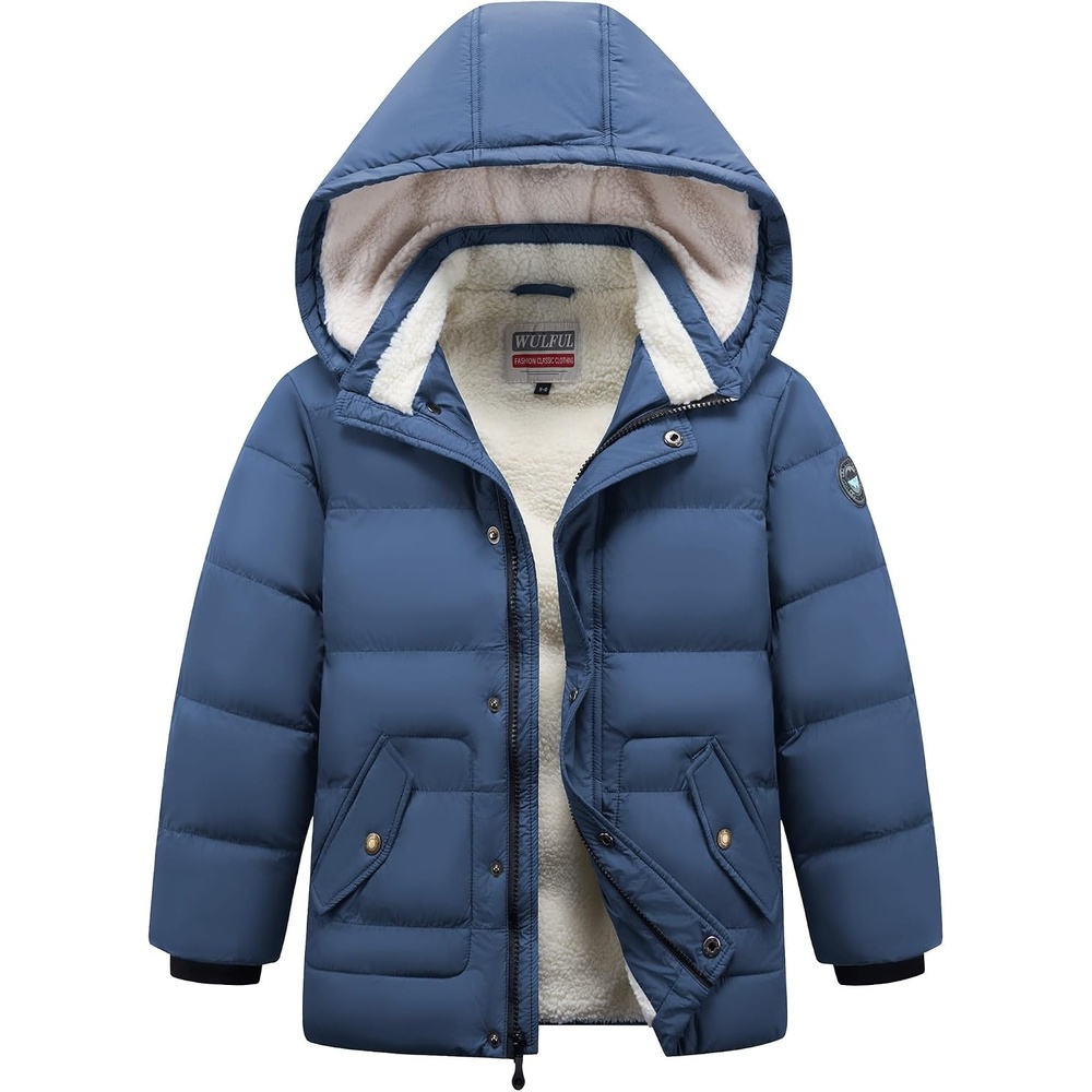 image:imageWULFUL Kids Boys Winter Coat Fleece Lined Waterproof Jacket Thick Hooded Puffer Cotton Parka Down Outdoor CoatsLight Navy