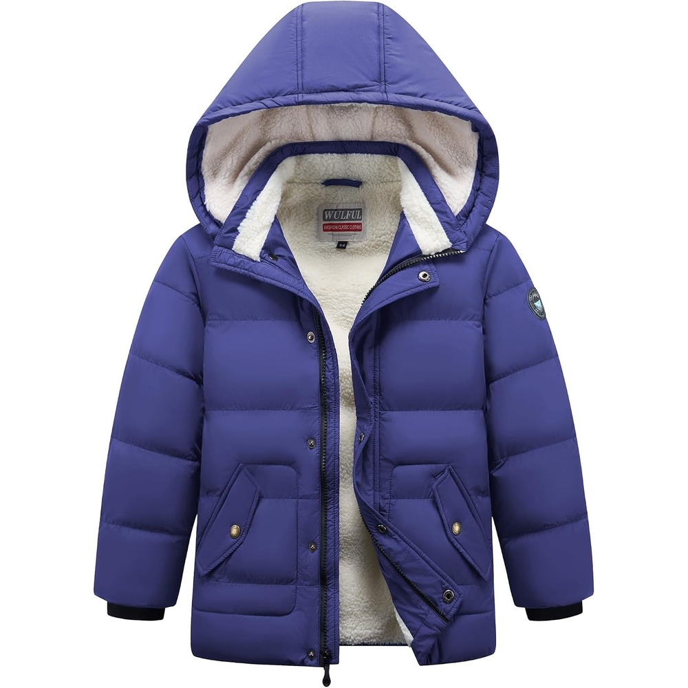 image:imageWULFUL Kids Boys Winter Coat Fleece Lined Waterproof Jacket Thick Hooded Puffer Cotton Parka Down Outdoor CoatsNavy