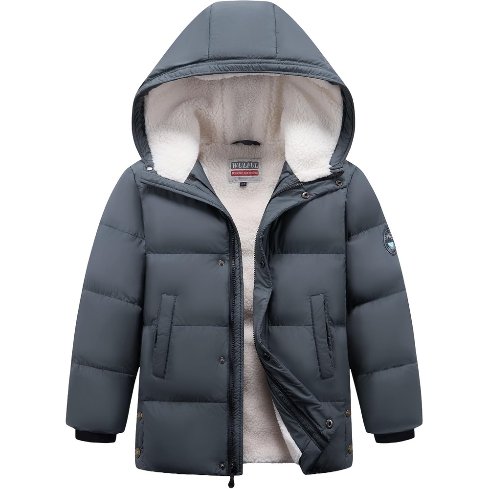 image:imageWULFUL Kids Boys Winter Coat Hooded Puffer Windbreaker Warm Cotton Jacket Parka Down Outdoor CoatsDark Grey