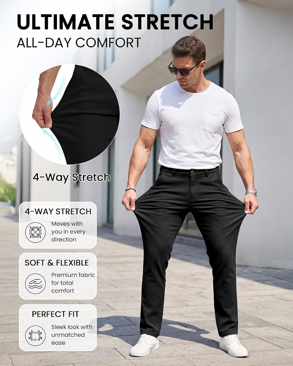image:imageWULFUL Mens Dress Pants Slim Fit Skinny Stretch Flat Front Slacks TrousersBlack