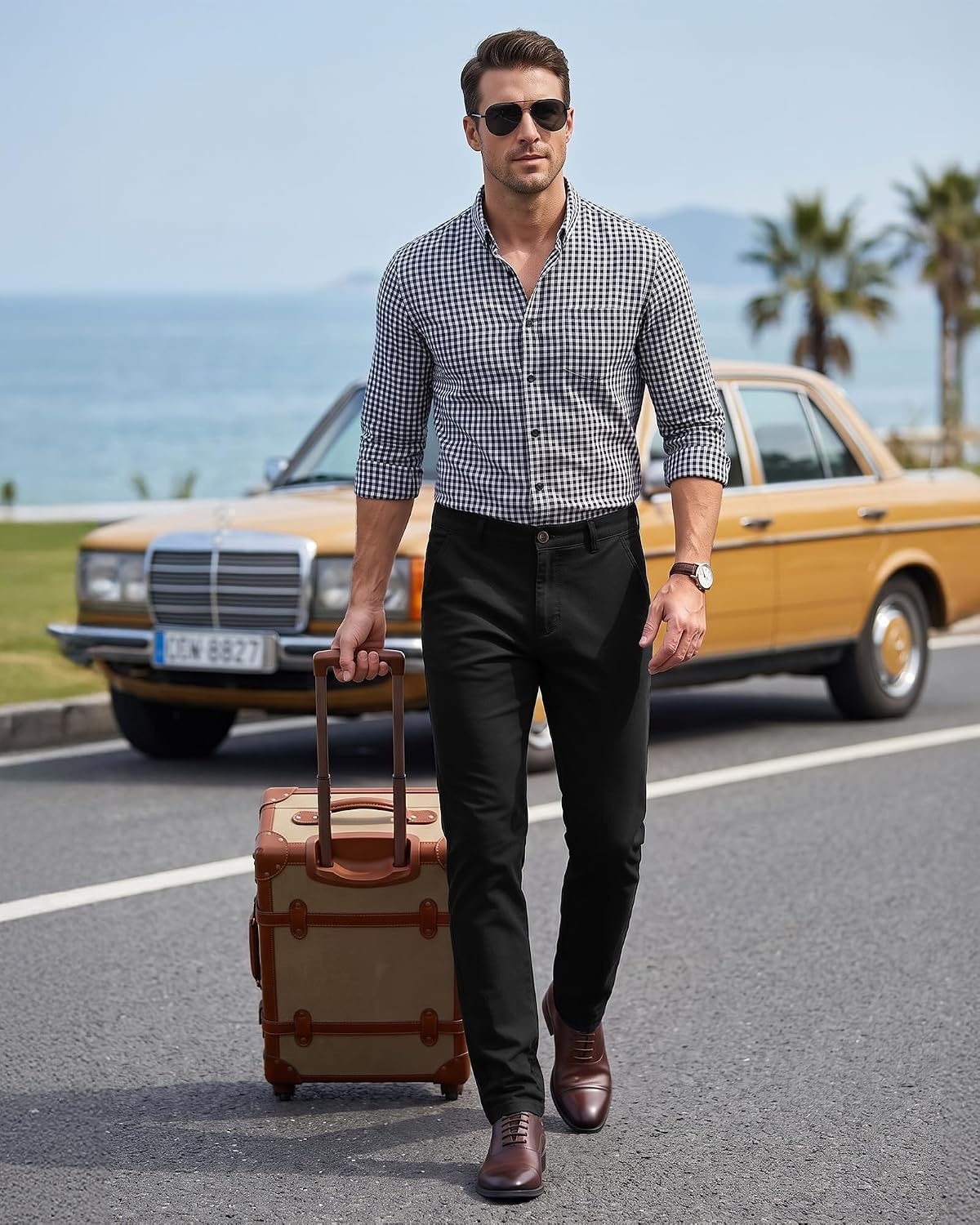 image:imageWULFUL Mens Dress Pants Slim Fit Skinny Stretch Flat Front Slacks TrousersBlack
