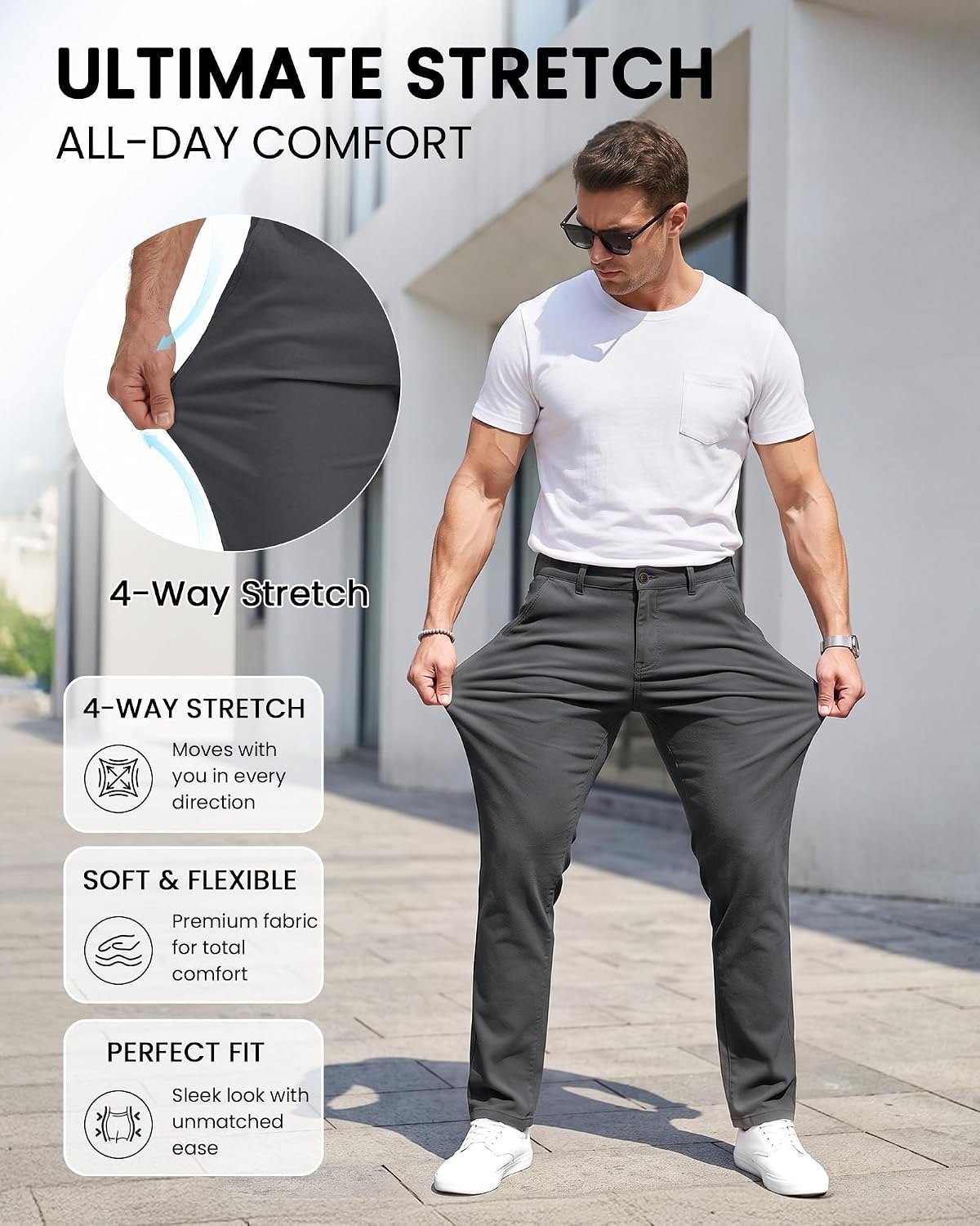 image:imageWULFUL Mens Dress Pants Slim Fit Skinny Stretch Flat Front Slacks TrousersDark Grey