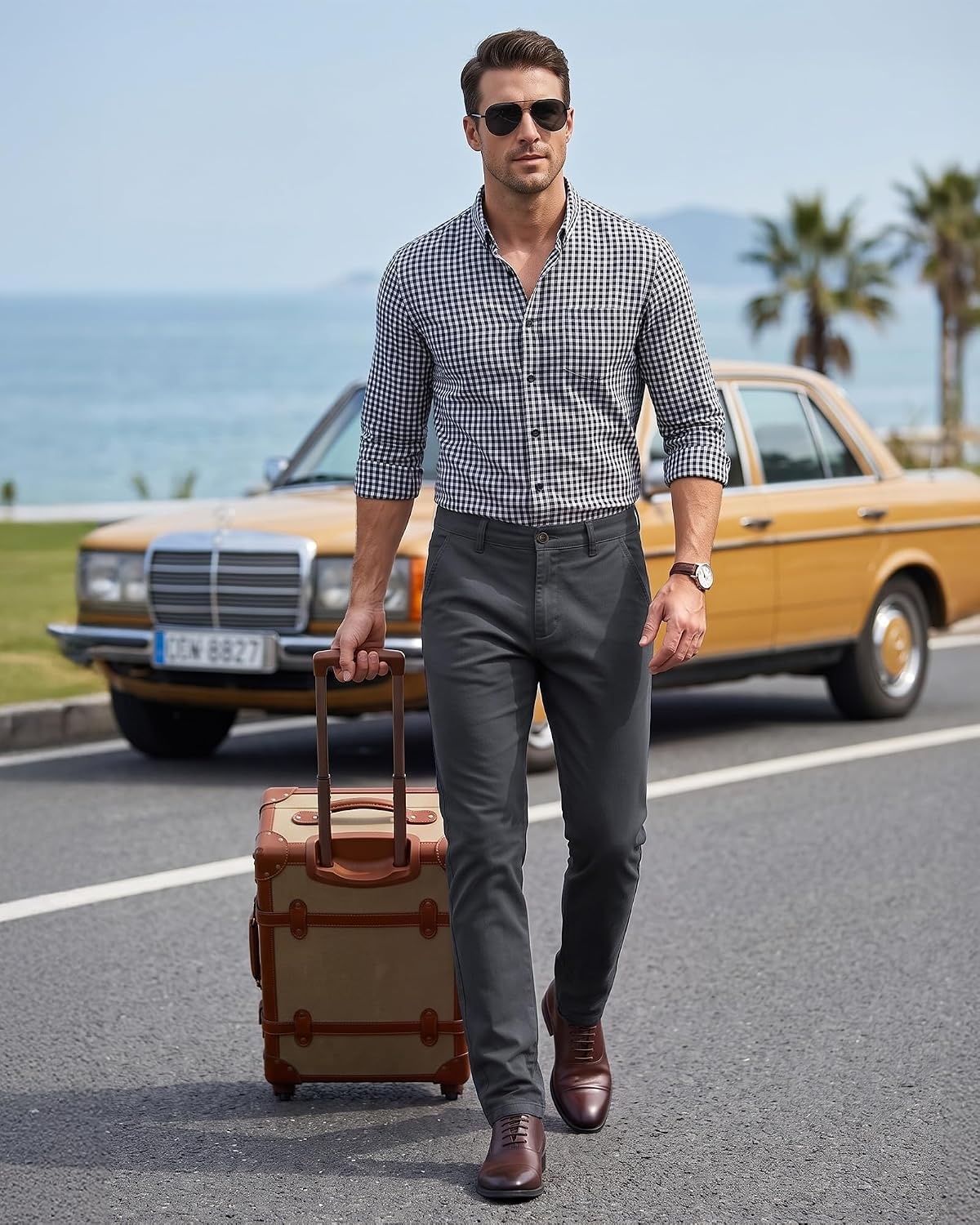 image:imageWULFUL Mens Dress Pants Slim Fit Skinny Stretch Flat Front Slacks TrousersDark Grey