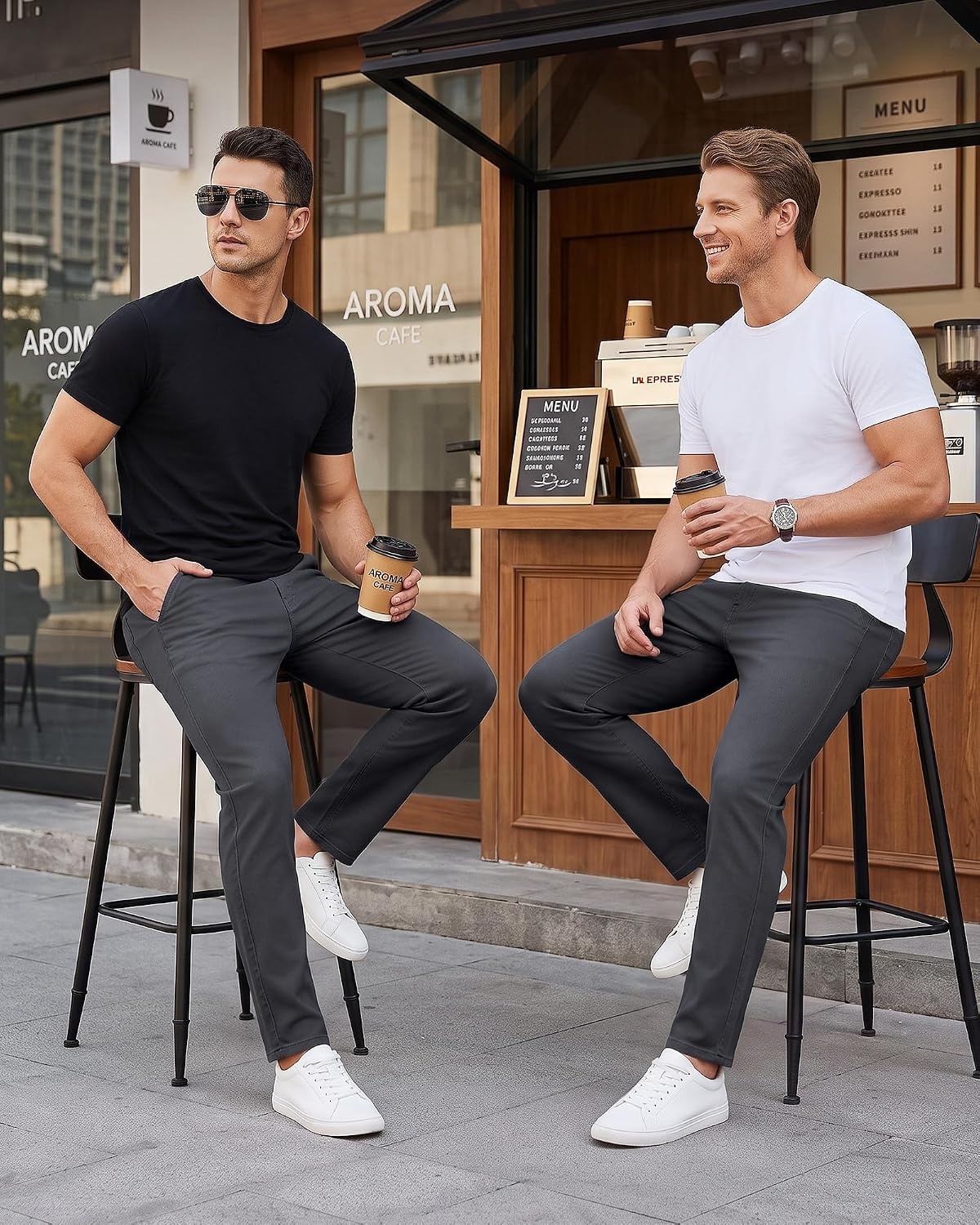 image:imageWULFUL Mens Dress Pants Slim Fit Skinny Stretch Flat Front Slacks TrousersDark Grey