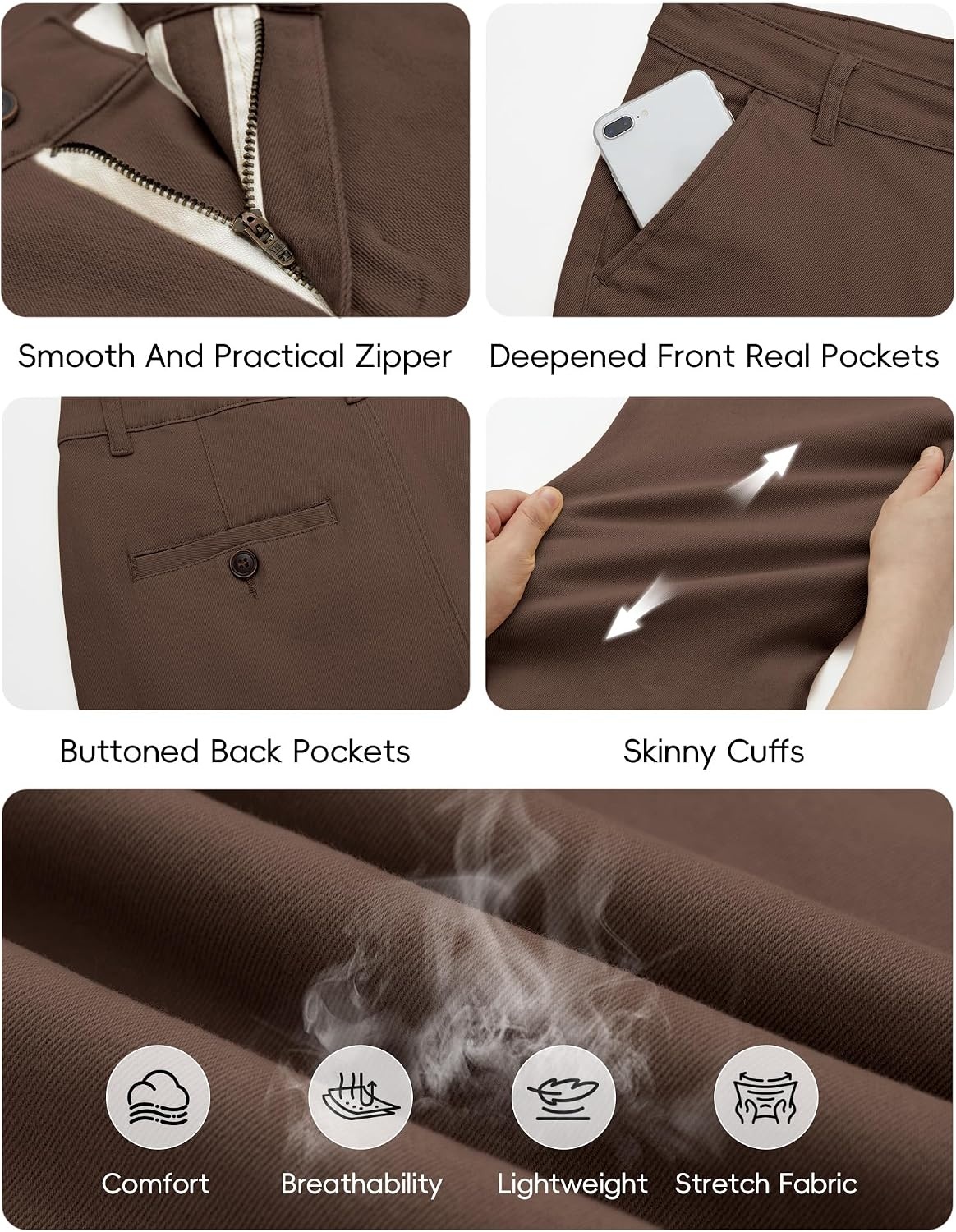 image:imageWULFUL Mens Dress Pants Slim Fit Skinny Stretch Flat Front Slacks TrousersDeep Brown