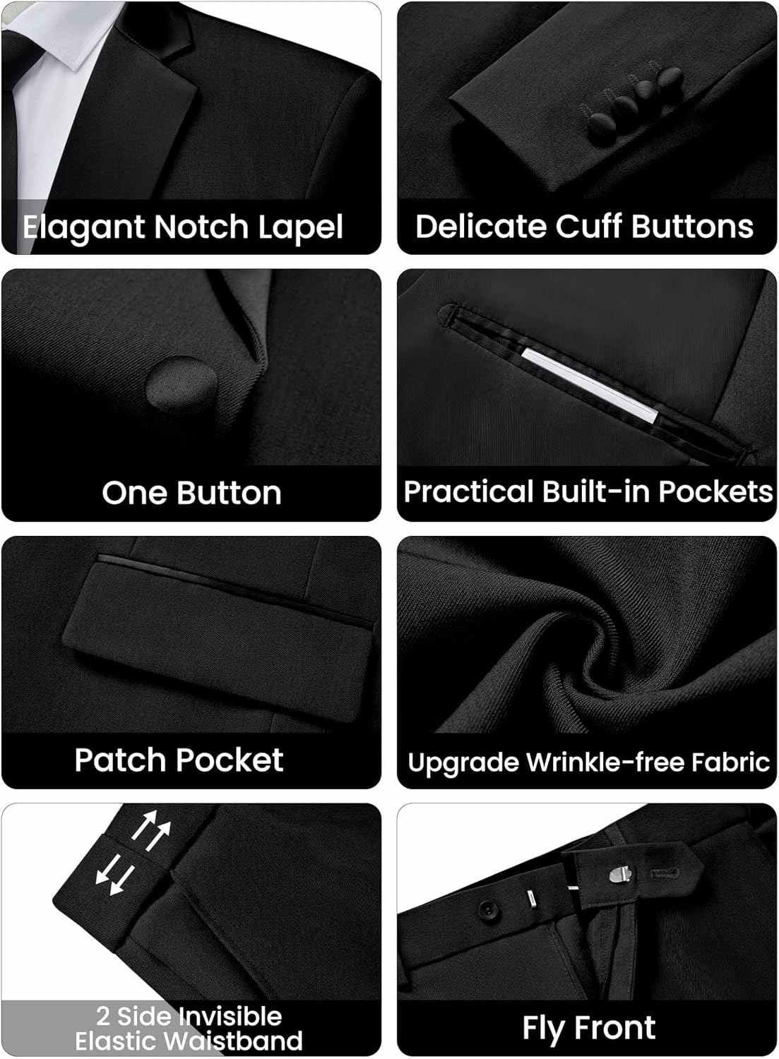 image:imageWULFUL Mens 2 Piece Slim Fit Suits One Button Jacket Pants Tuxedo Suit Set for Prom WeddingBlack