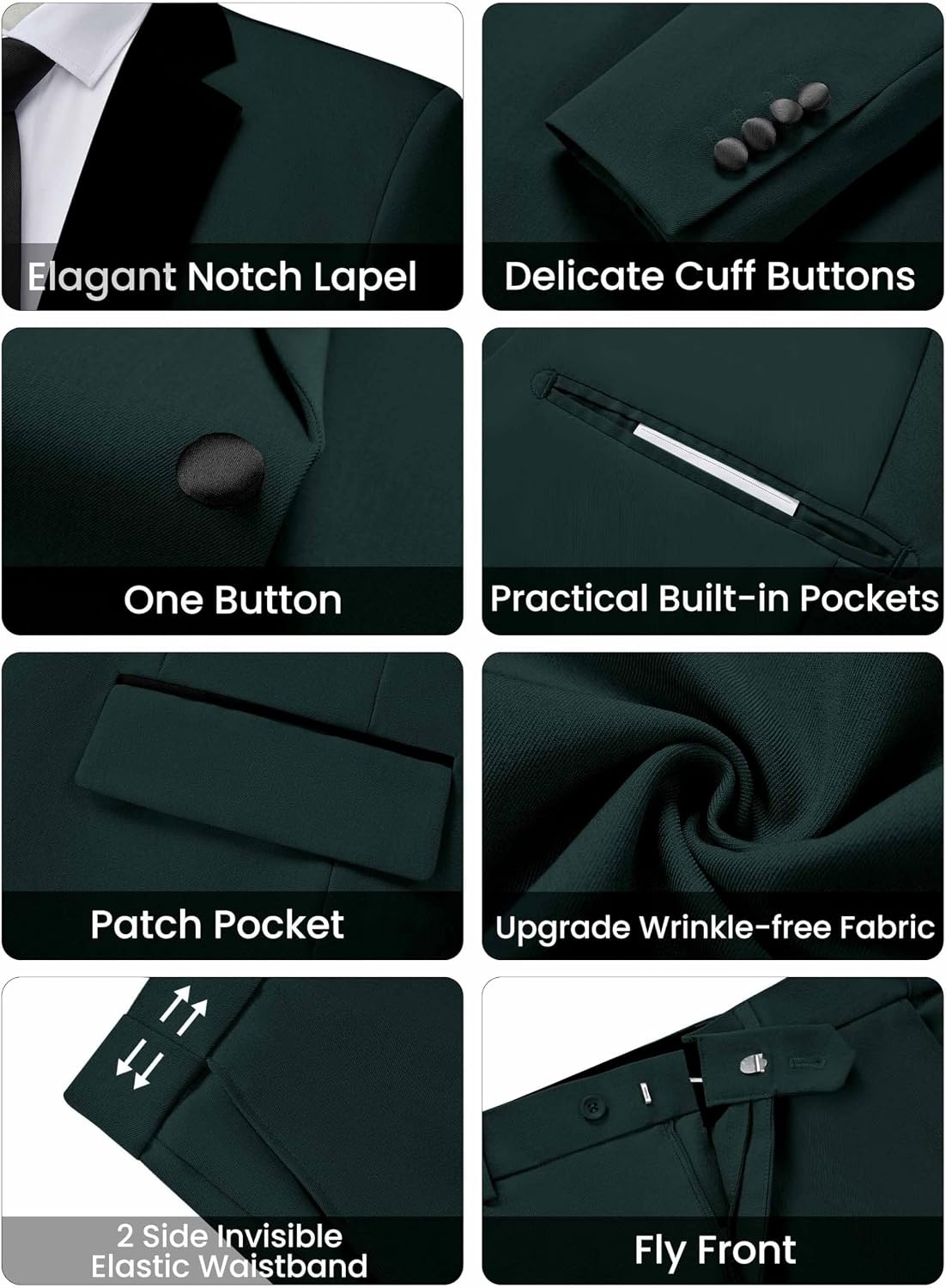 image:imageWULFUL Mens 2 Piece Slim Fit Suits One Button Jacket Pants Tuxedo Suit Set for Prom WeddingDark Green