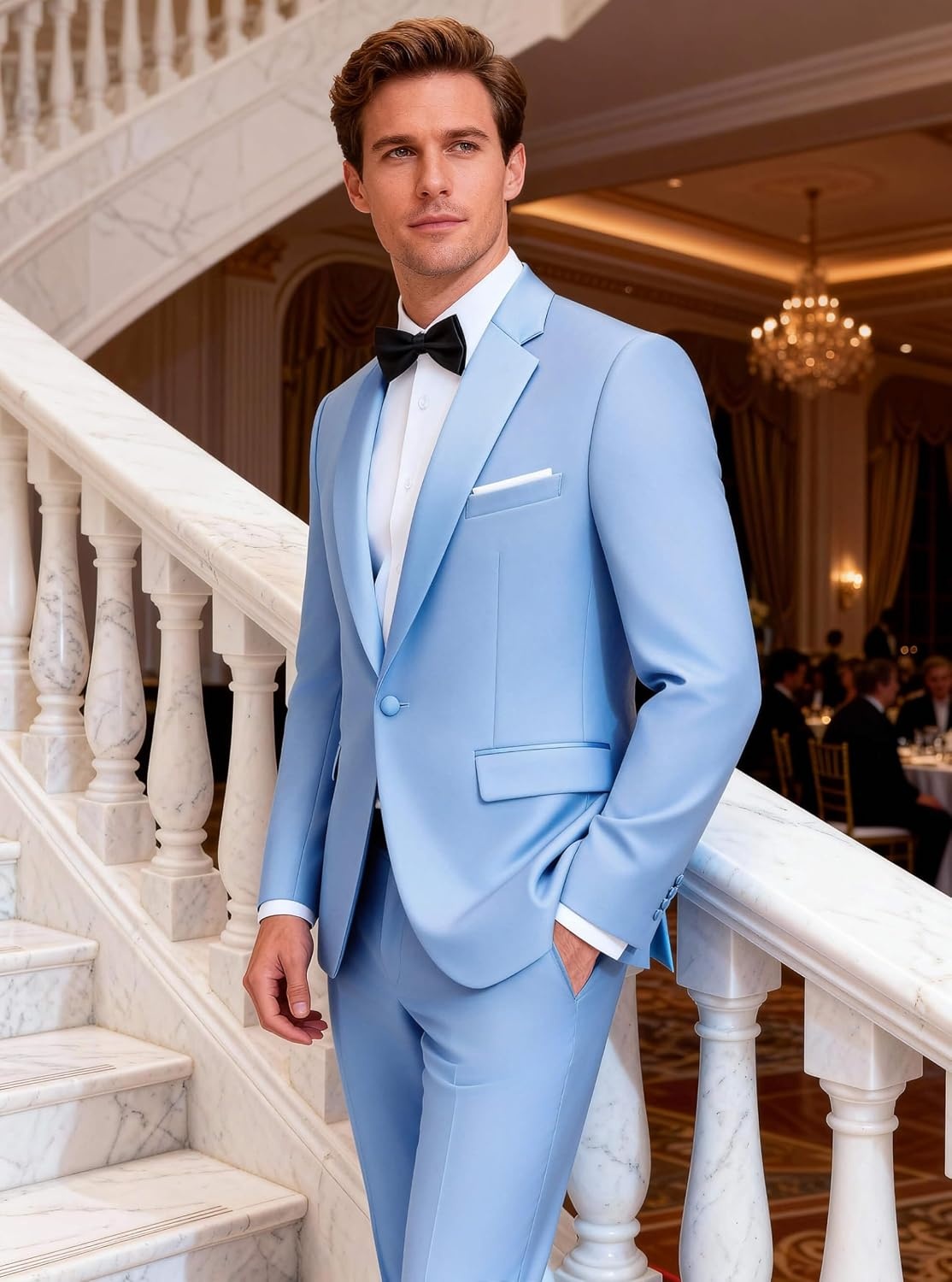 image:imageWULFUL Mens 2 Piece Slim Fit Suits One Button Jacket Pants Tuxedo Suit Set for Prom WeddingLight Blue Light Blue Lapel