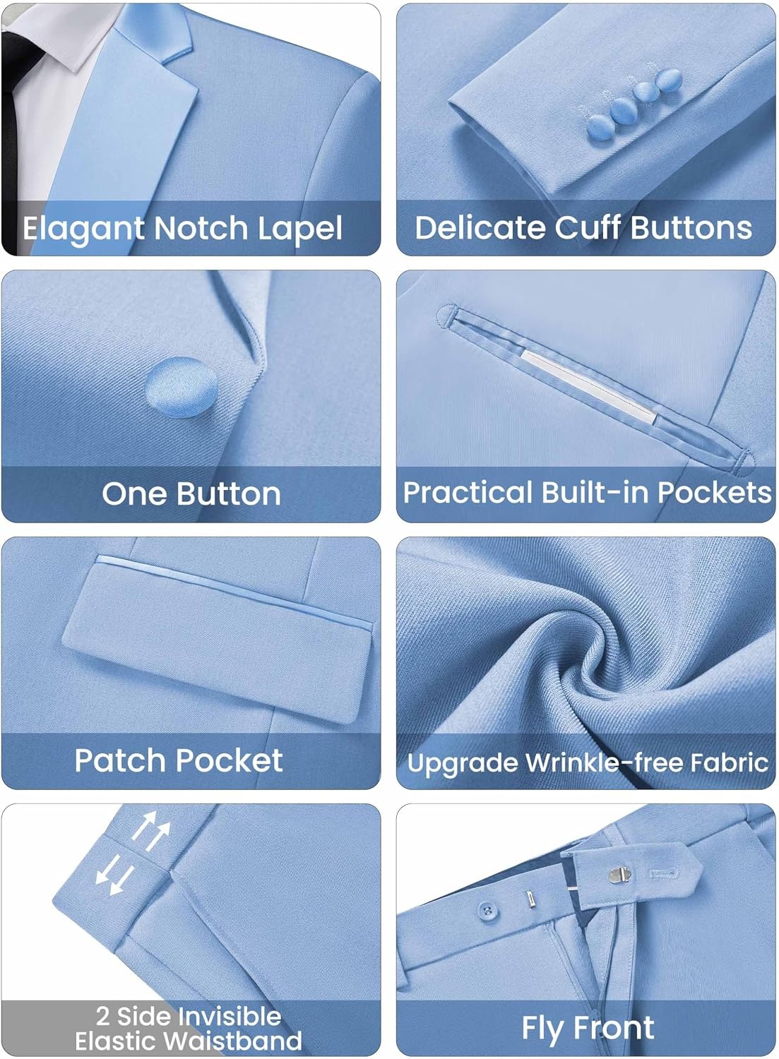 image:imageWULFUL Mens 2 Piece Slim Fit Suits One Button Jacket Pants Tuxedo Suit Set for Prom WeddingLight Blue Light Blue Lapel