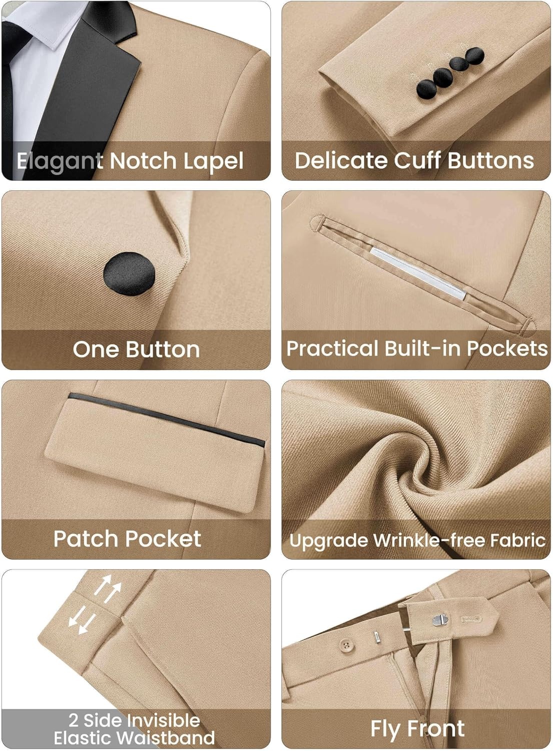 image:imageWULFUL Mens 2 Piece Slim Fit Suits One Button Jacket Pants Tuxedo Suit Set for Prom WeddingLight Brown