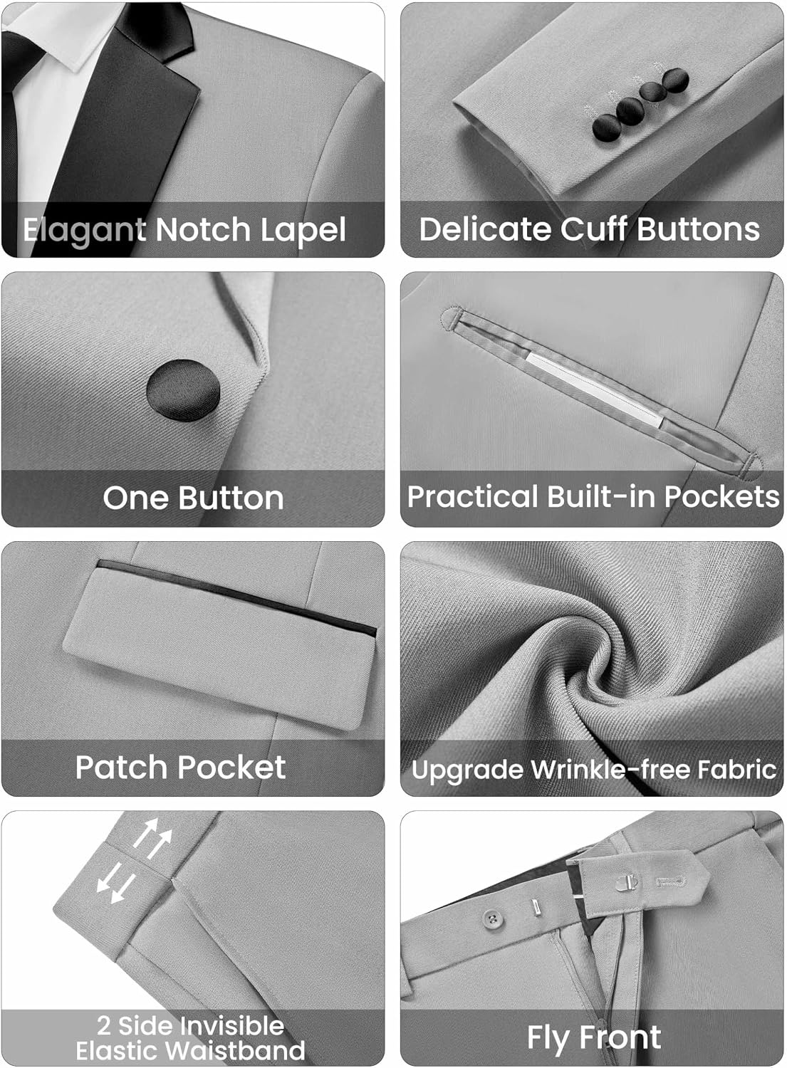 image:imageWULFUL Mens 2 Piece Slim Fit Suits One Button Jacket Pants Tuxedo Suit Set for Prom WeddingLight Grey Black Lapel