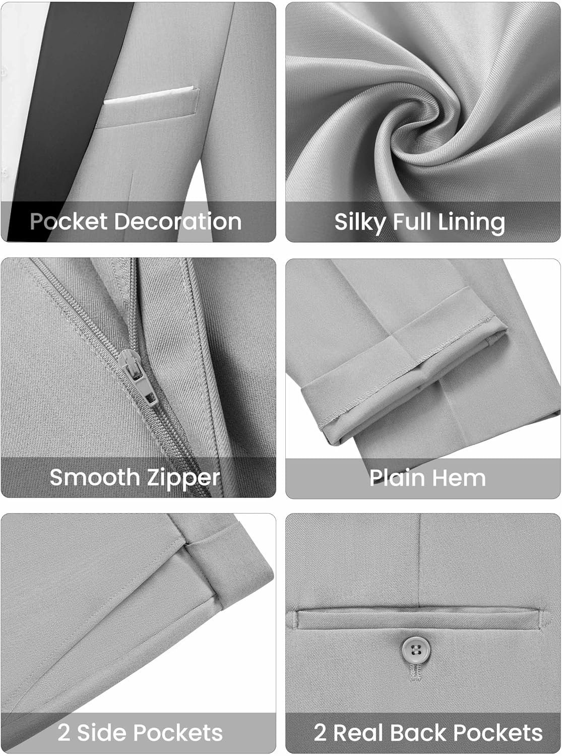 image:imageWULFUL Mens 2 Piece Slim Fit Suits One Button Jacket Pants Tuxedo Suit Set for Prom WeddingLight Grey Black Lapel