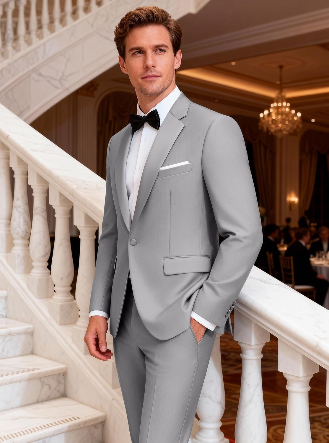image:imageWULFUL Mens 2 Piece Slim Fit Suits One Button Jacket Pants Tuxedo Suit Set for Prom WeddingLight Grey Light Grey Lapel