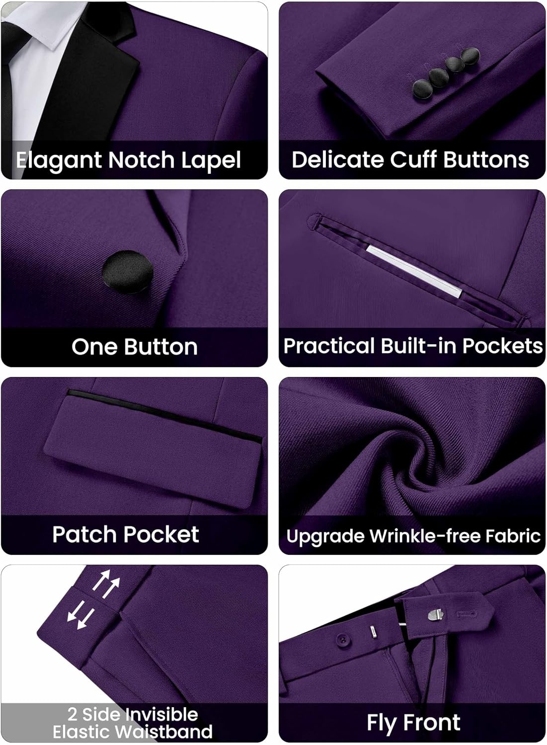 image:imageWULFUL Mens 2 Piece Slim Fit Suits One Button Jacket Pants Tuxedo Suit Set for Prom WeddingPurple