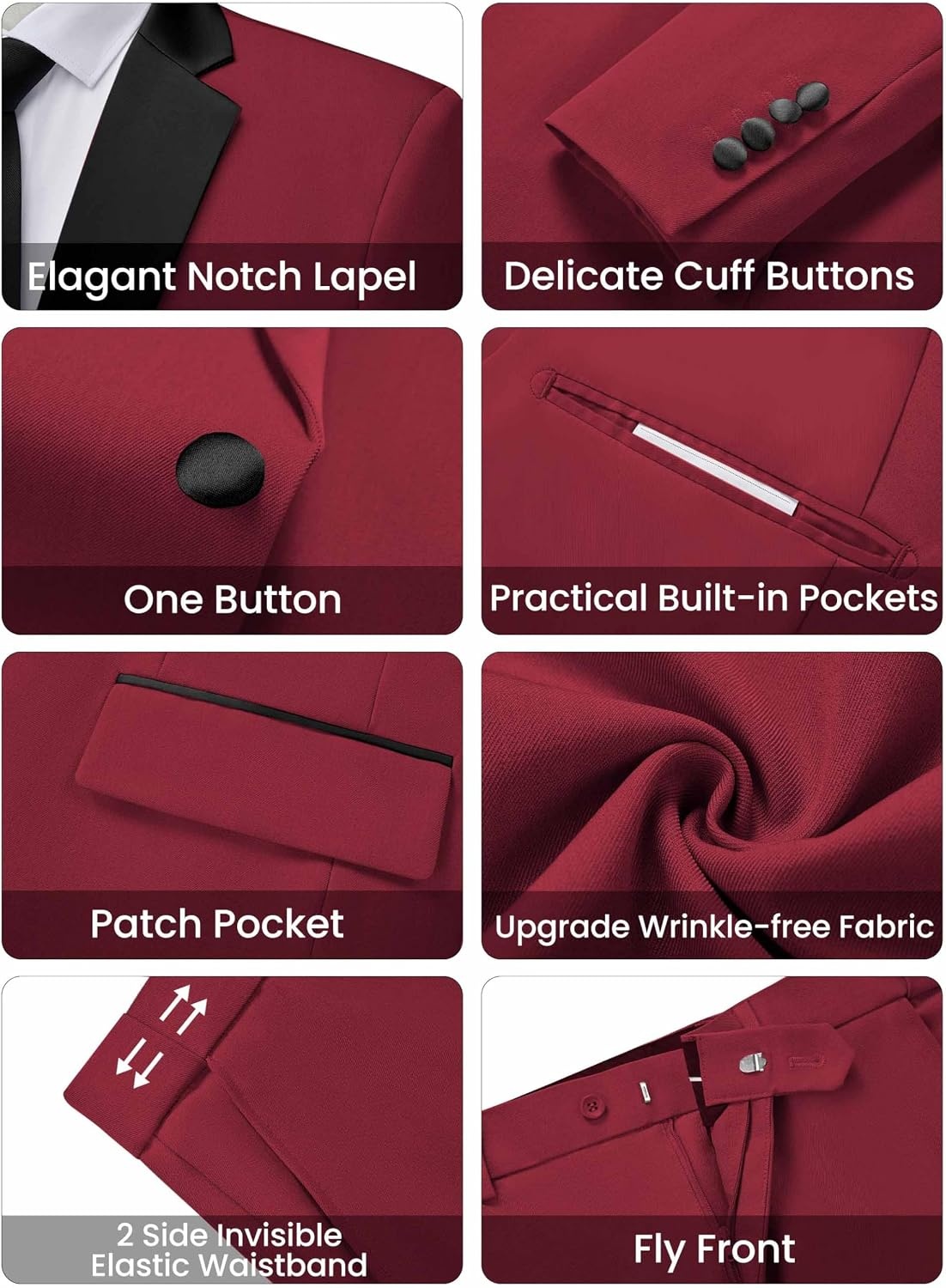 image:imageWULFUL Mens 2 Piece Slim Fit Suits One Button Jacket Pants Tuxedo Suit Set for Prom WeddingRed