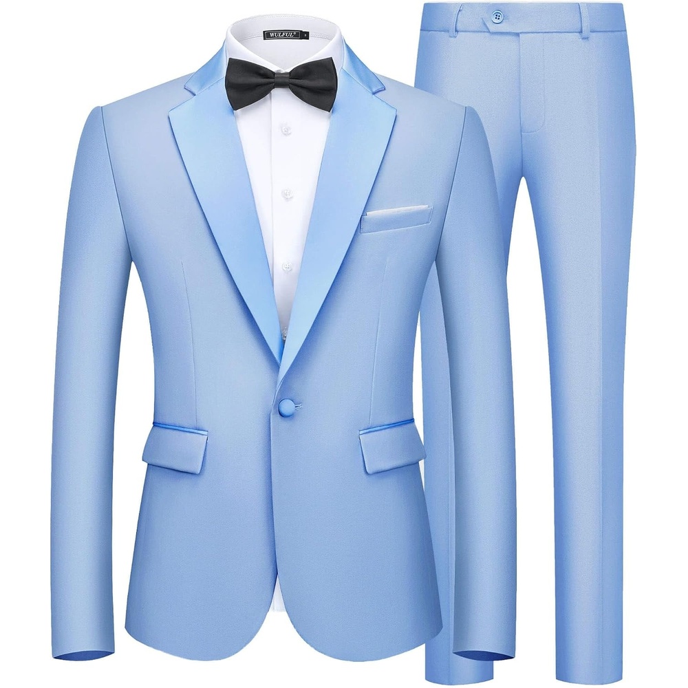 image:imageWULFUL Mens 2 Piece Slim Fit Suits One Button Jacket Pants Tuxedo Suit Set for Prom WeddingLight Blue Light Blue Lapel
