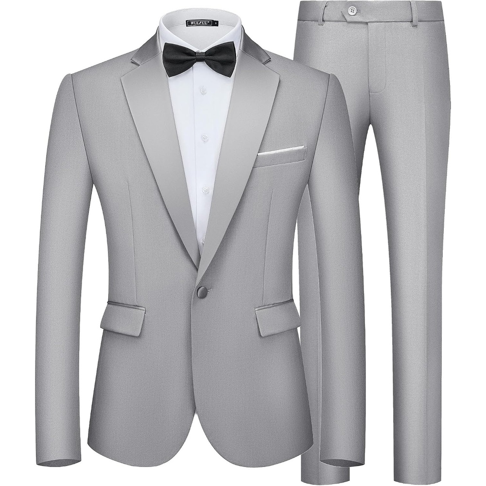 image:imageWULFUL Mens 2 Piece Slim Fit Suits One Button Jacket Pants Tuxedo Suit Set for Prom WeddingLight Grey Light Grey Lapel