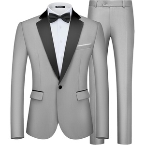 WULFUL Men’s 2 Piece Slim Fit Suits One Button Jacket Pants Tuxedo Suit Set for Prom, Wedding(Light Grey- Black Lapel)