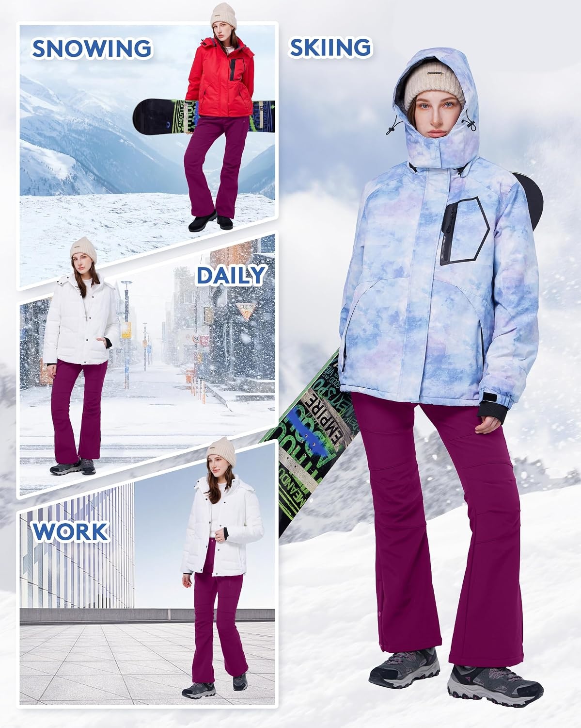 image:imageWULFUL Womens Snow Ski Pants Waterproof Insulated Fleece Lined Winter Softshell Hiking PantsPurple