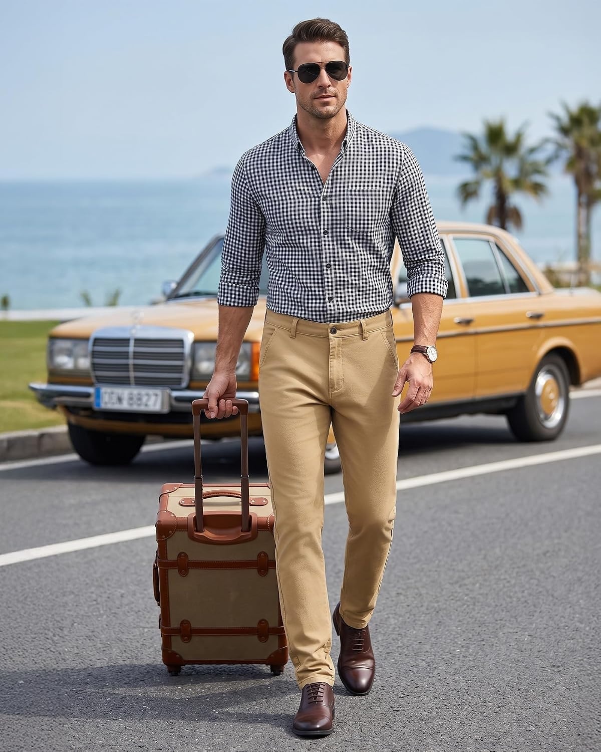 image:imageWULFUL Mens Dress Pants Slim Fit Skinny Stretch Flat Front Slacks TrousersKhaki