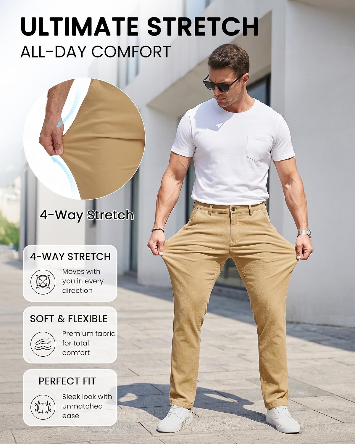 image:imageWULFUL Mens Dress Pants Slim Fit Skinny Stretch Flat Front Slacks TrousersKhaki