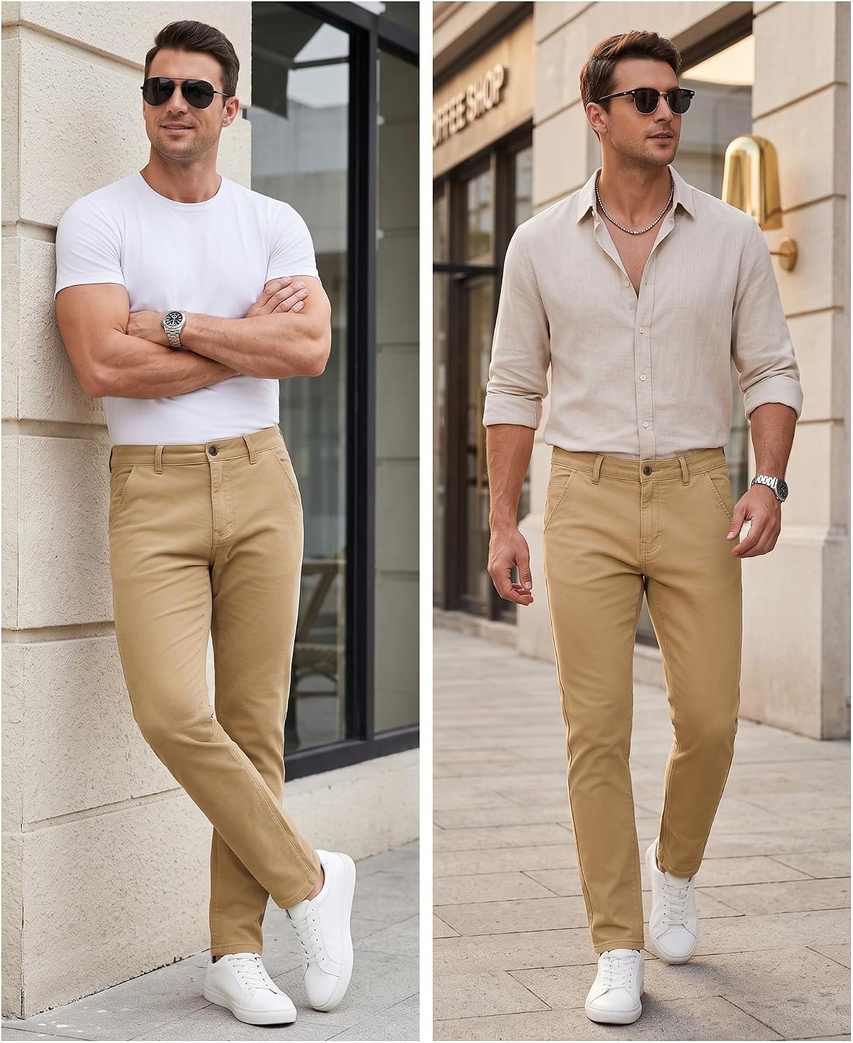 image:imageWULFUL Mens Dress Pants Slim Fit Skinny Stretch Flat Front Slacks TrousersKhaki