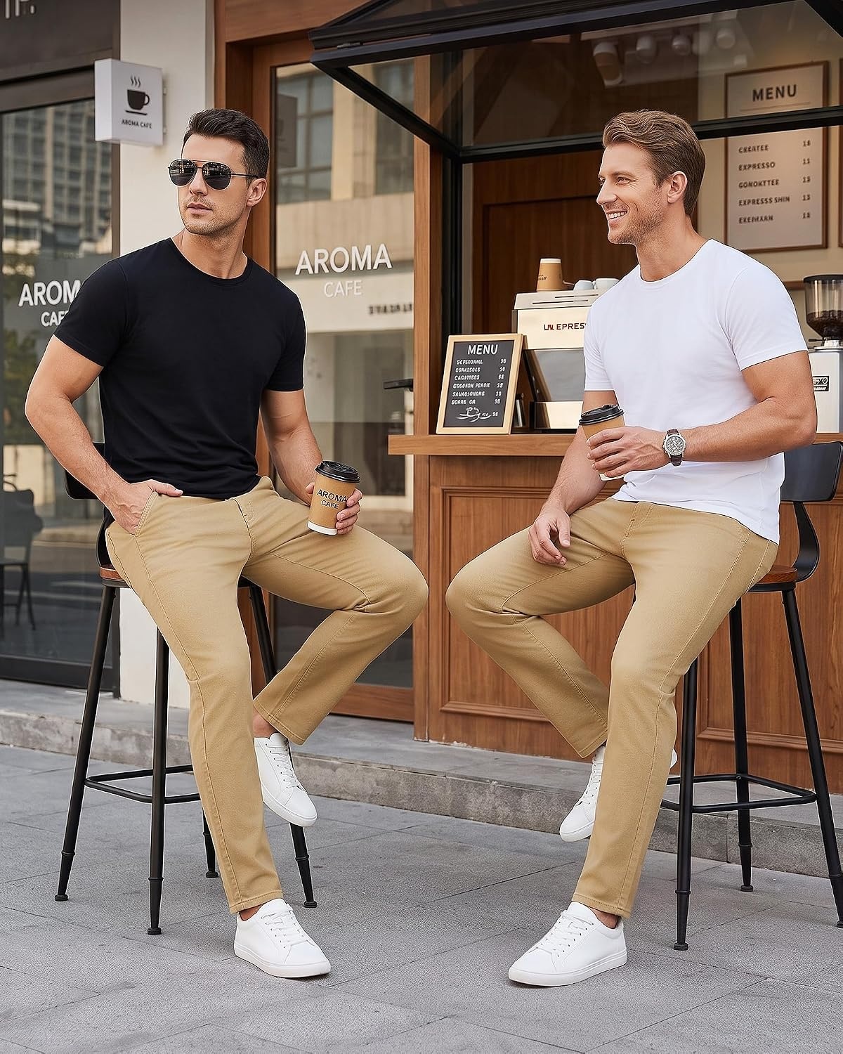 image:imageWULFUL Mens Dress Pants Slim Fit Skinny Stretch Flat Front Slacks TrousersKhaki