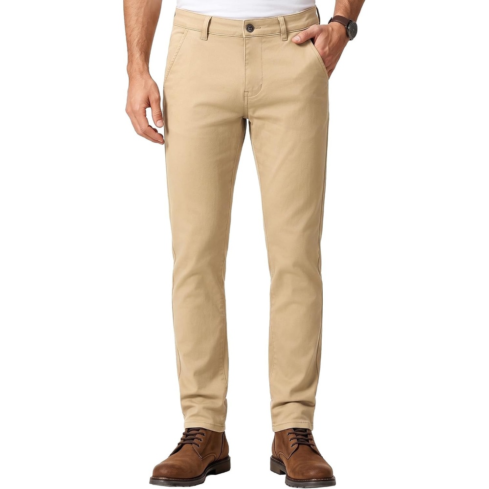 image:imageWULFUL Mens Dress Pants Slim Fit Skinny Stretch Flat Front Slacks TrousersBeige
