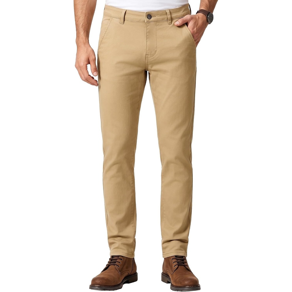 image:imageWULFUL Mens Dress Pants Slim Fit Skinny Stretch Flat Front Slacks TrousersKhaki