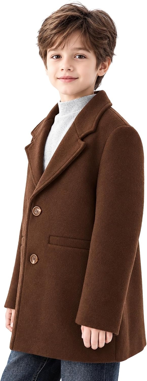 image:imageWULFUL Boys Wool Coat Single Breasted Trench Coat Winter Pea CoatDark Brown