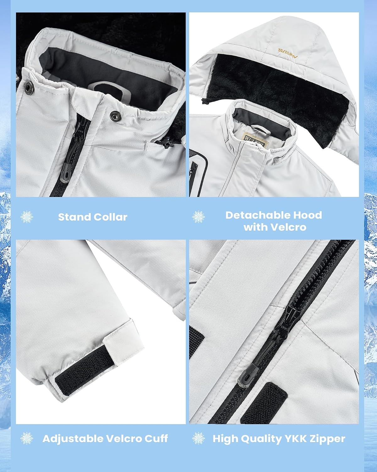 image:imageWULFUL Girls Waterproof Ski Jacket Warm Fleece Hooded Winter Snow CoatOffwhite