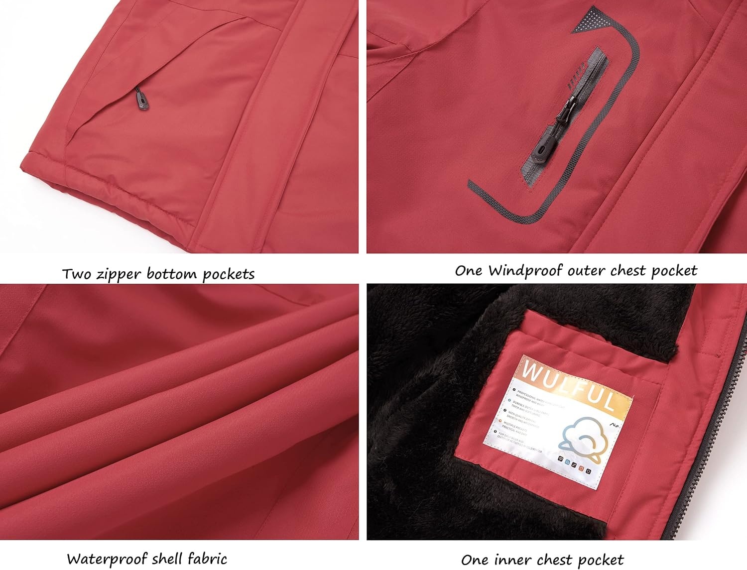image:imageWULFUL Girls Waterproof Ski Jacket Warm Fleece Hooded Winter Snow CoatRed