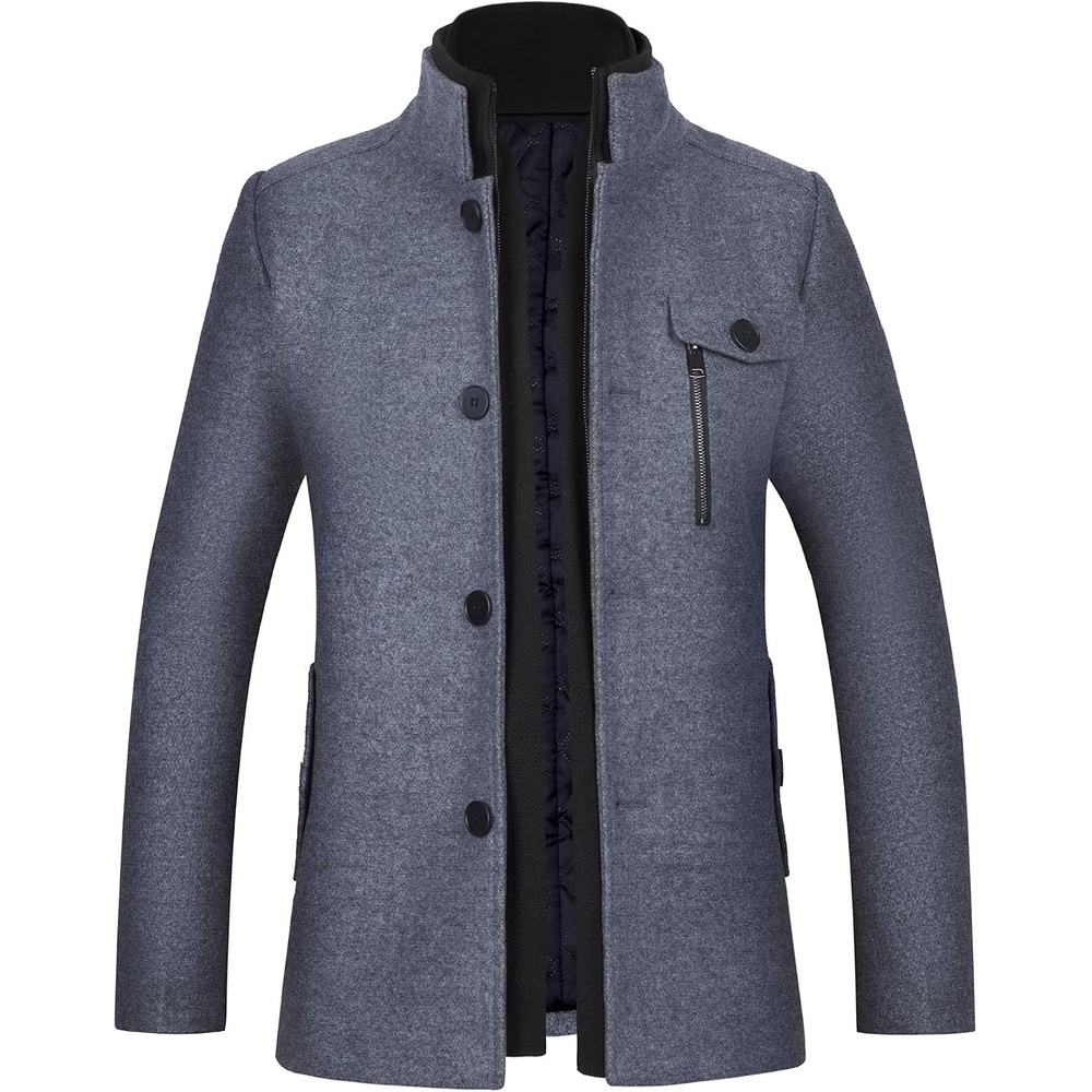 image:imageWULFUL Mens Wool Blend Winter Coat Slim Fit Short Trenchcoat Warm Business Jacket with Detachable Soft Wool ScarfGrey1718