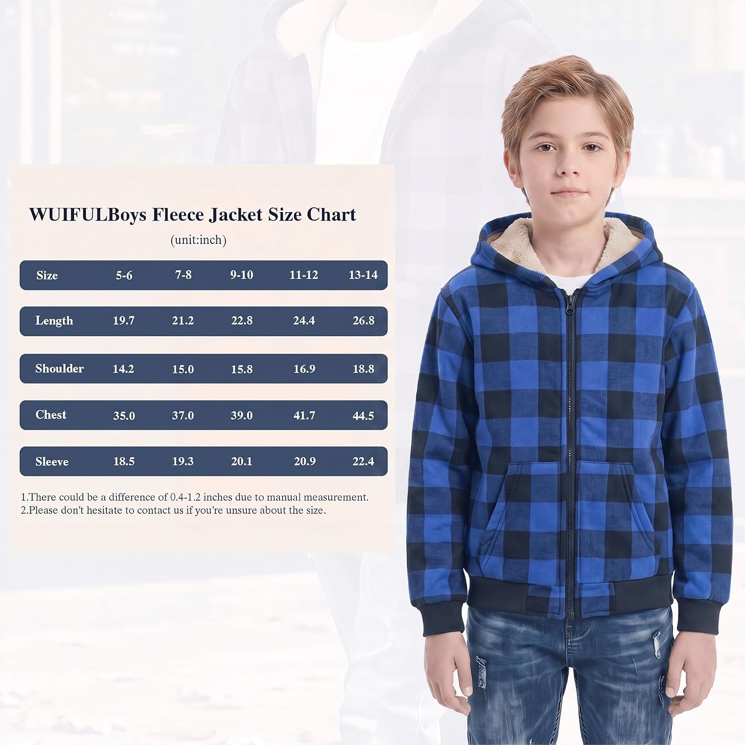 image:imageWULFUL Boys Flannel Fleece Jackets Plaid Sherpa Hoodie Zip Up Winter Coat 514 YearsBlue 804