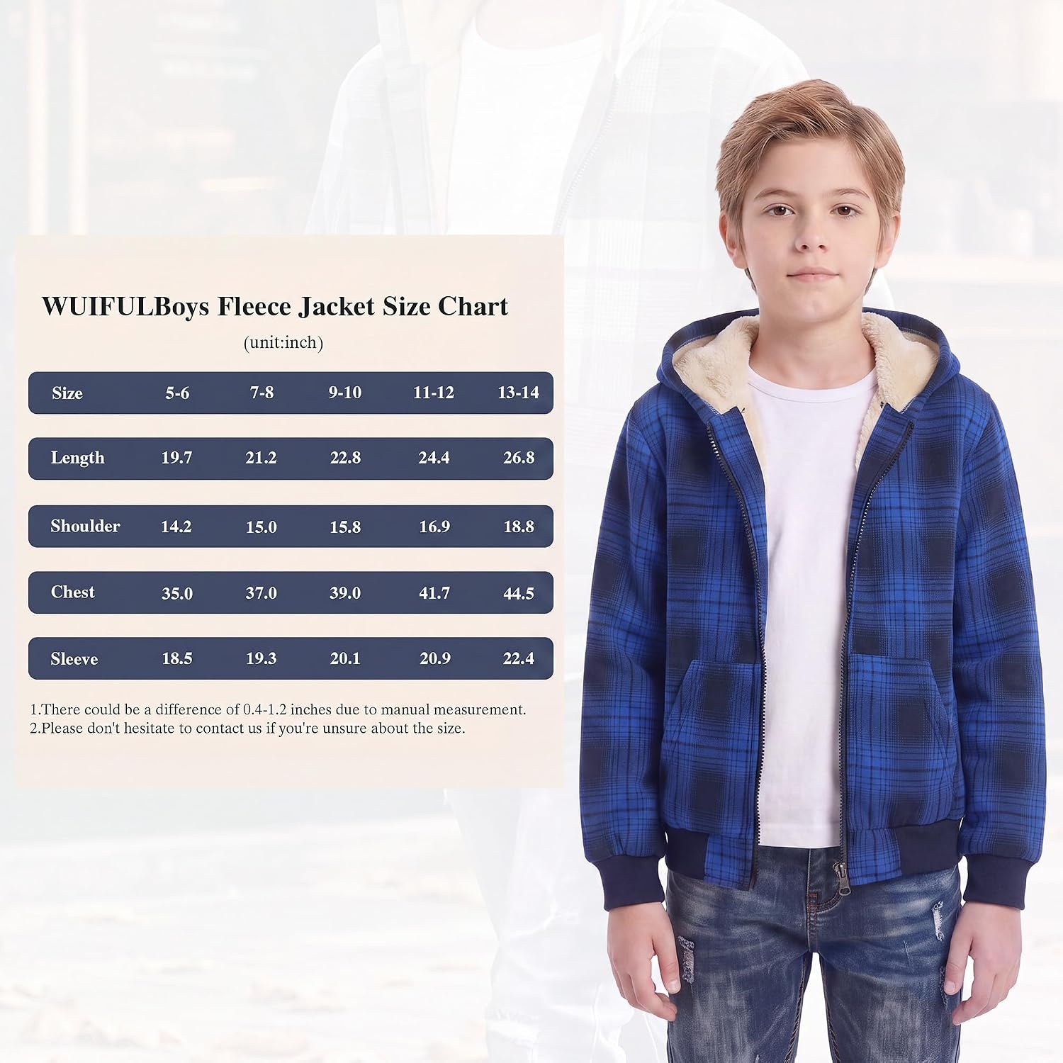 image:imageWULFUL Boys Flannel Fleece Jackets Plaid Sherpa Hoodie Zip Up Winter Coat 514 YearsBlue M16