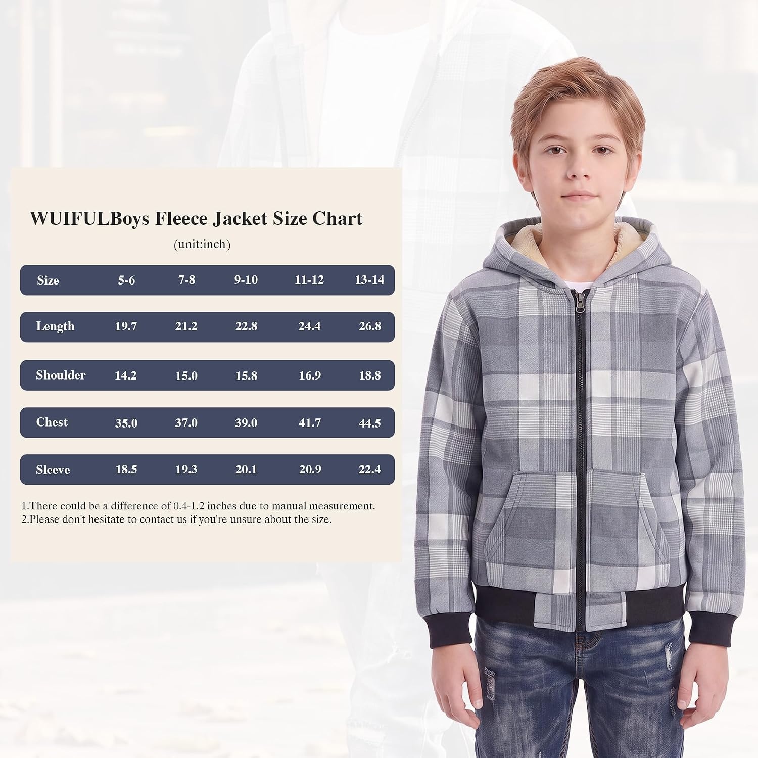 image:imageWULFUL Boys Flannel Fleece Jackets Plaid Sherpa Hoodie Zip Up Winter Coat 514 YearsGrey 631