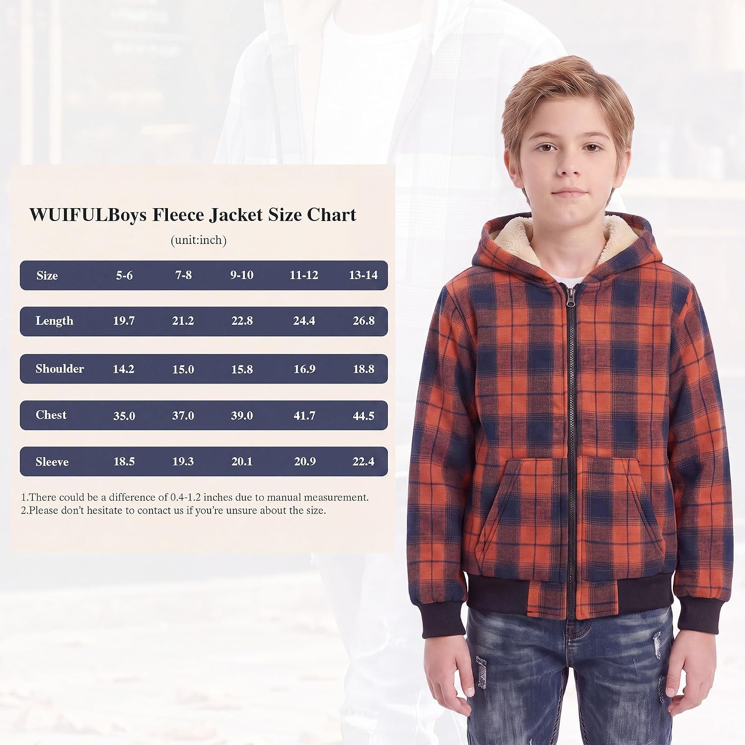 image:imageWULFUL Boys Flannel Fleece Jackets Plaid Sherpa Hoodie Zip Up Winter Coat 514 YearsOrange 566