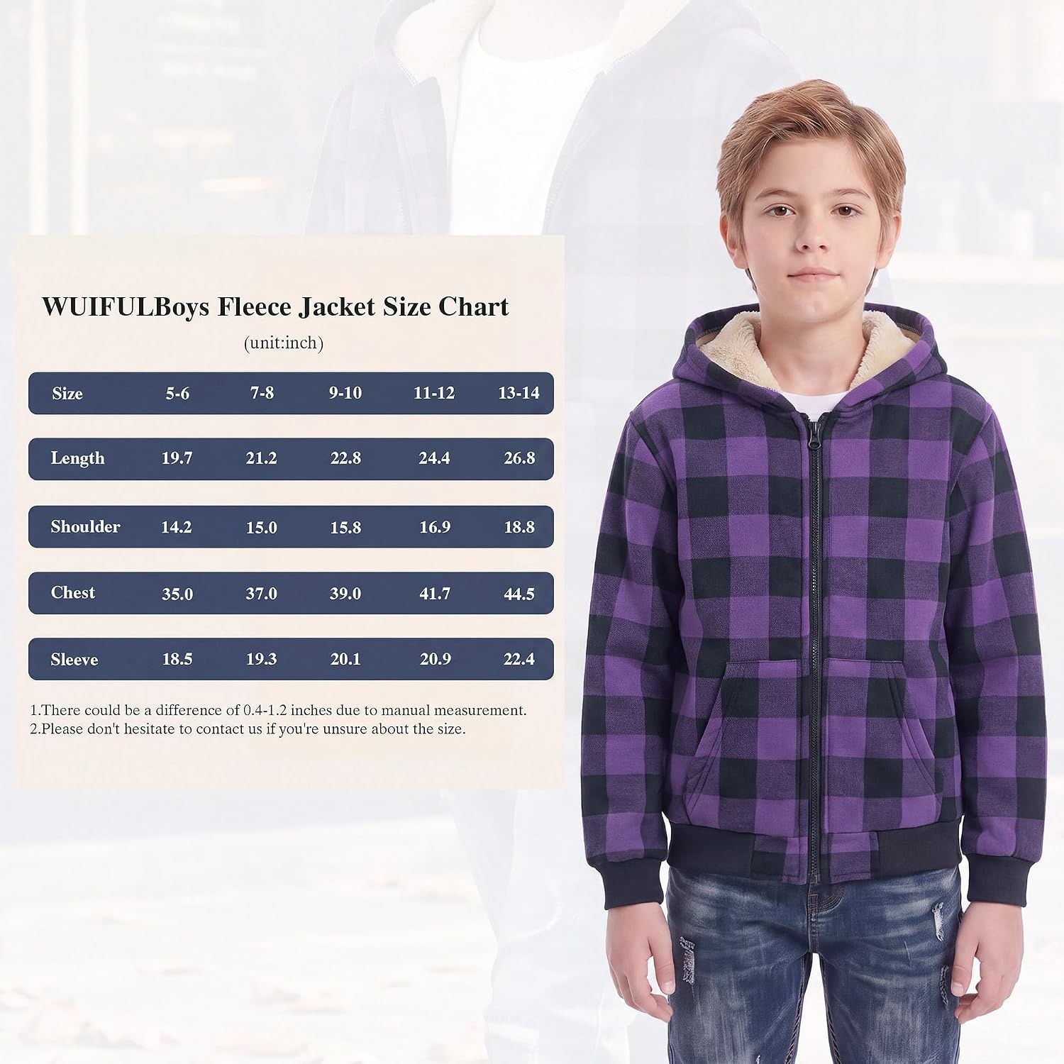 image:imageWULFUL Boys Flannel Fleece Jackets Plaid Sherpa Hoodie Zip Up Winter Coat 514 YearsPurple M15