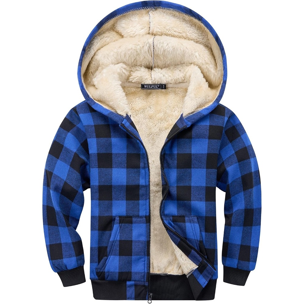 image:imageWULFUL Boys Flannel Fleece Jackets Plaid Sherpa Hoodie Zip Up Winter Coat 514 YearsBlue 804